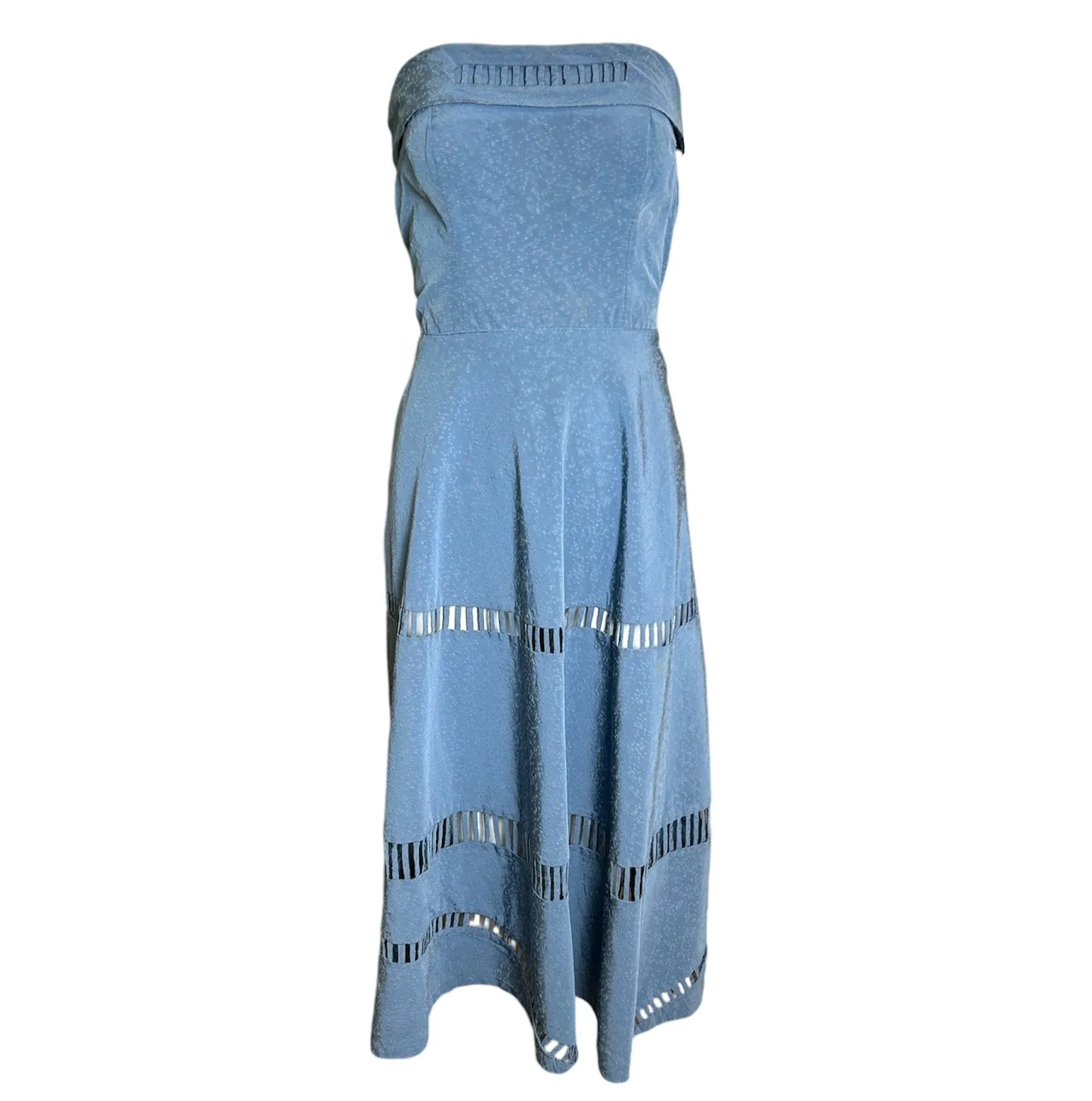 1950s Blue Ladder Applique Faille Dress with Bolero Jacket