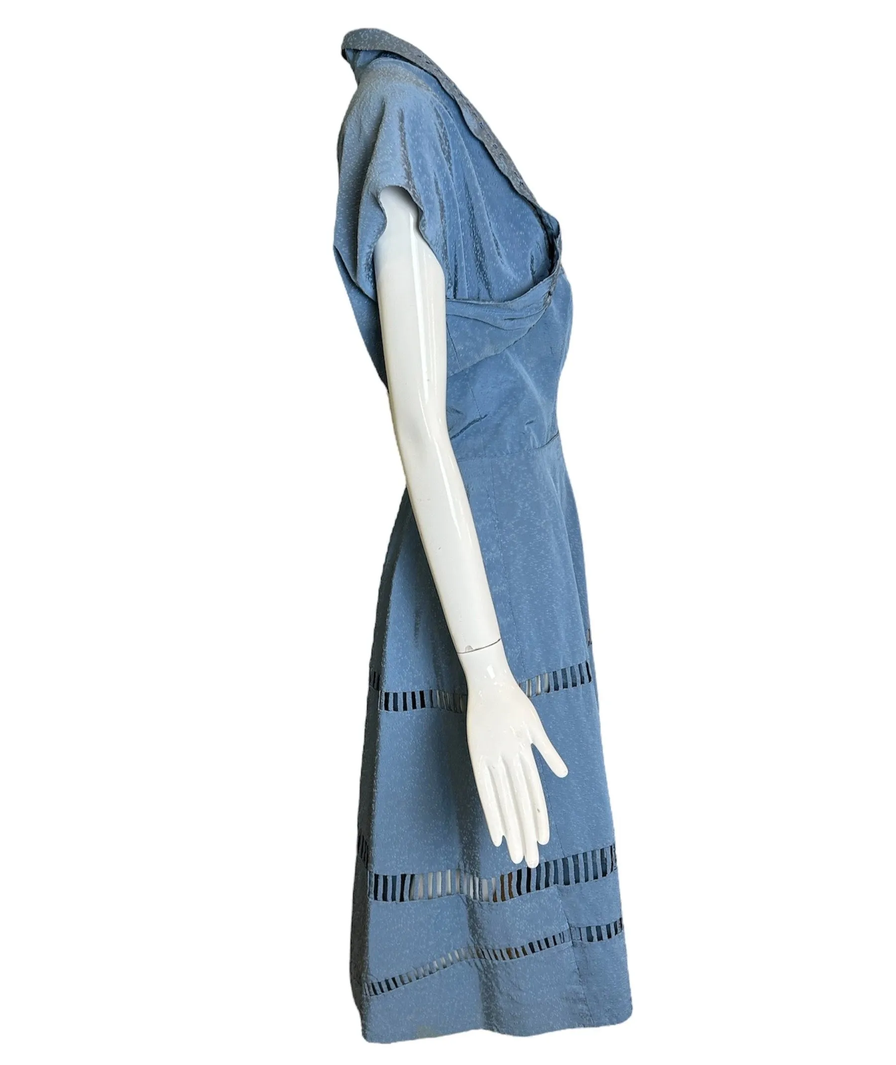 1950s Blue Ladder Applique Faille Dress with Bolero Jacket