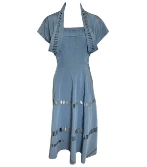 1950s Blue Ladder Applique Faille Dress with Bolero Jacket
