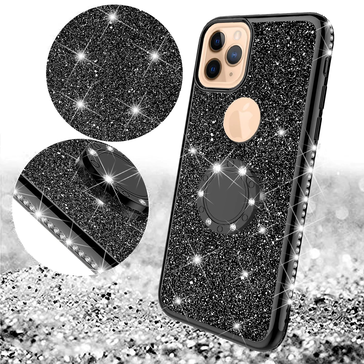 Apple iPhone 11 Pro Case, Glitter Cute Phone Case Girls with Kickstand,Bling Diamond Rhinestone Bumper Ring Stand Sparkly Luxury Clear Thin Soft Protective Apple iPhone 11 Pro Case for Girl Women - Black