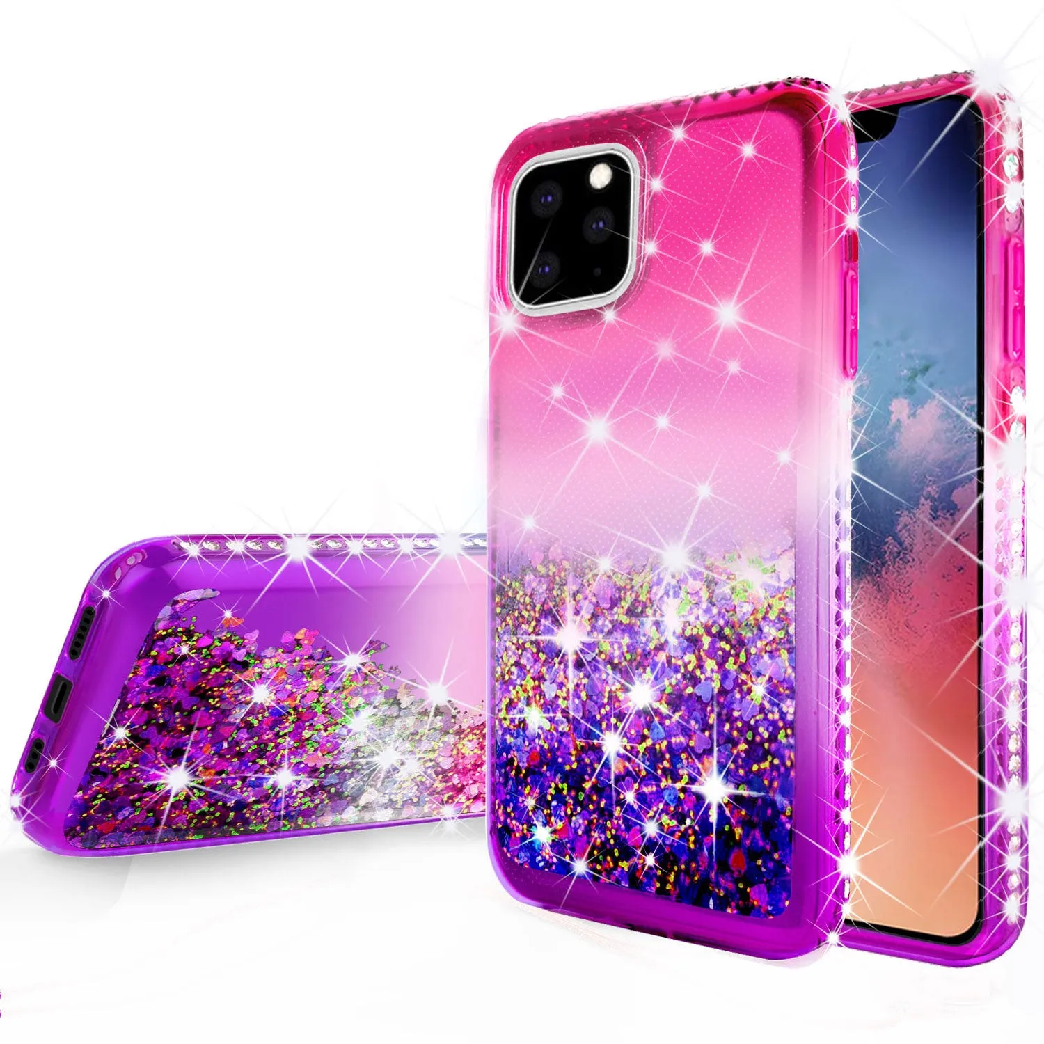 Apple iPhone 11 Pro Case Liquid Glitter Phone Case Waterfall Floating Quicksand Bling Sparkle Cute Protective Girls Women Cover for iPhone 11 Pro W/Temper Glass -  (Hot Pink/Purple Gradient)