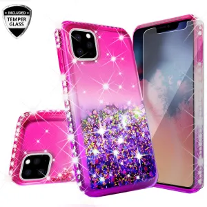 Apple iPhone 11 Pro Case Liquid Glitter Phone Case Waterfall Floating Quicksand Bling Sparkle Cute Protective Girls Women Cover for iPhone 11 Pro W/Temper Glass -  (Hot Pink/Purple Gradient)