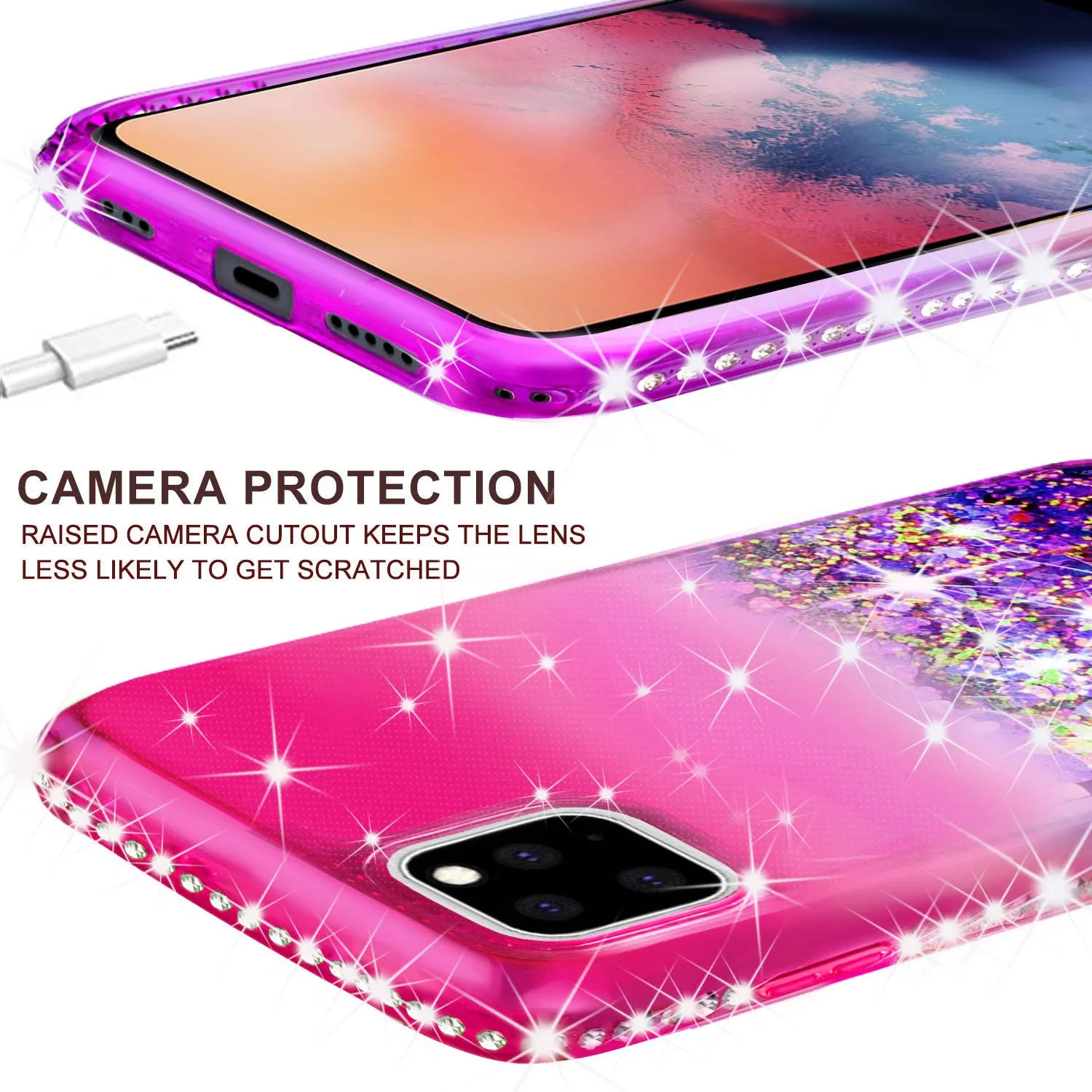Apple iPhone 11 Pro Case Liquid Glitter Phone Case Waterfall Floating Quicksand Bling Sparkle Cute Protective Girls Women Cover for iPhone 11 Pro W/Temper Glass -  (Hot Pink/Purple Gradient)