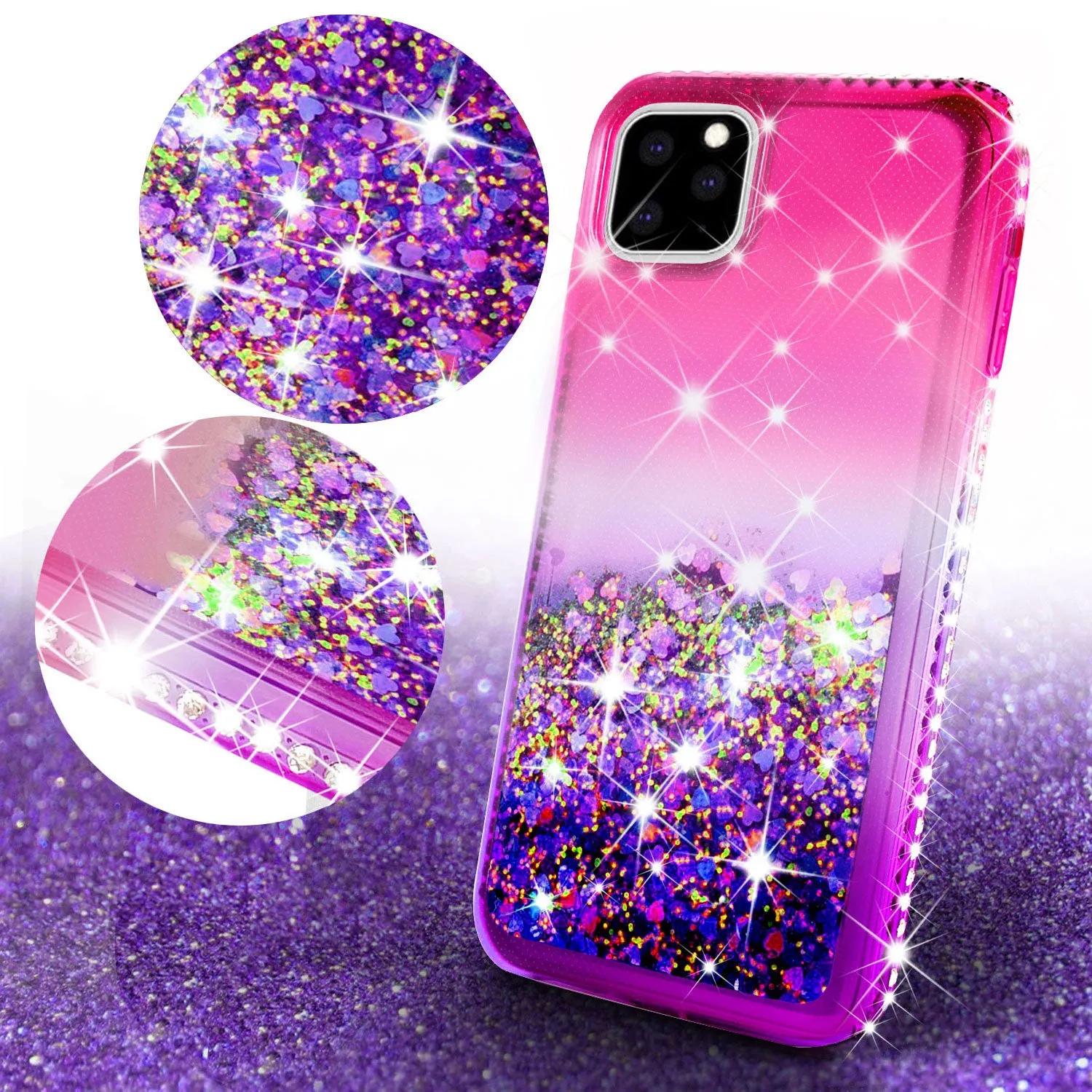 Apple iPhone 11 Pro Case Liquid Glitter Phone Case Waterfall Floating Quicksand Bling Sparkle Cute Protective Girls Women Cover for iPhone 11 Pro W/Temper Glass -  (Hot Pink/Purple Gradient)
