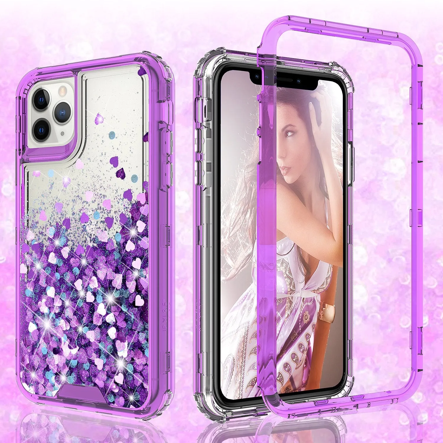 Apple iPhone 11 Pro Max Case,Hard Clear Glitter Sparkle Flowing Liquid Heavy Duty Shockproof Three Layer Protective Bling Girls Women Cases for Apple iPhone 11 Pro Max - Purple