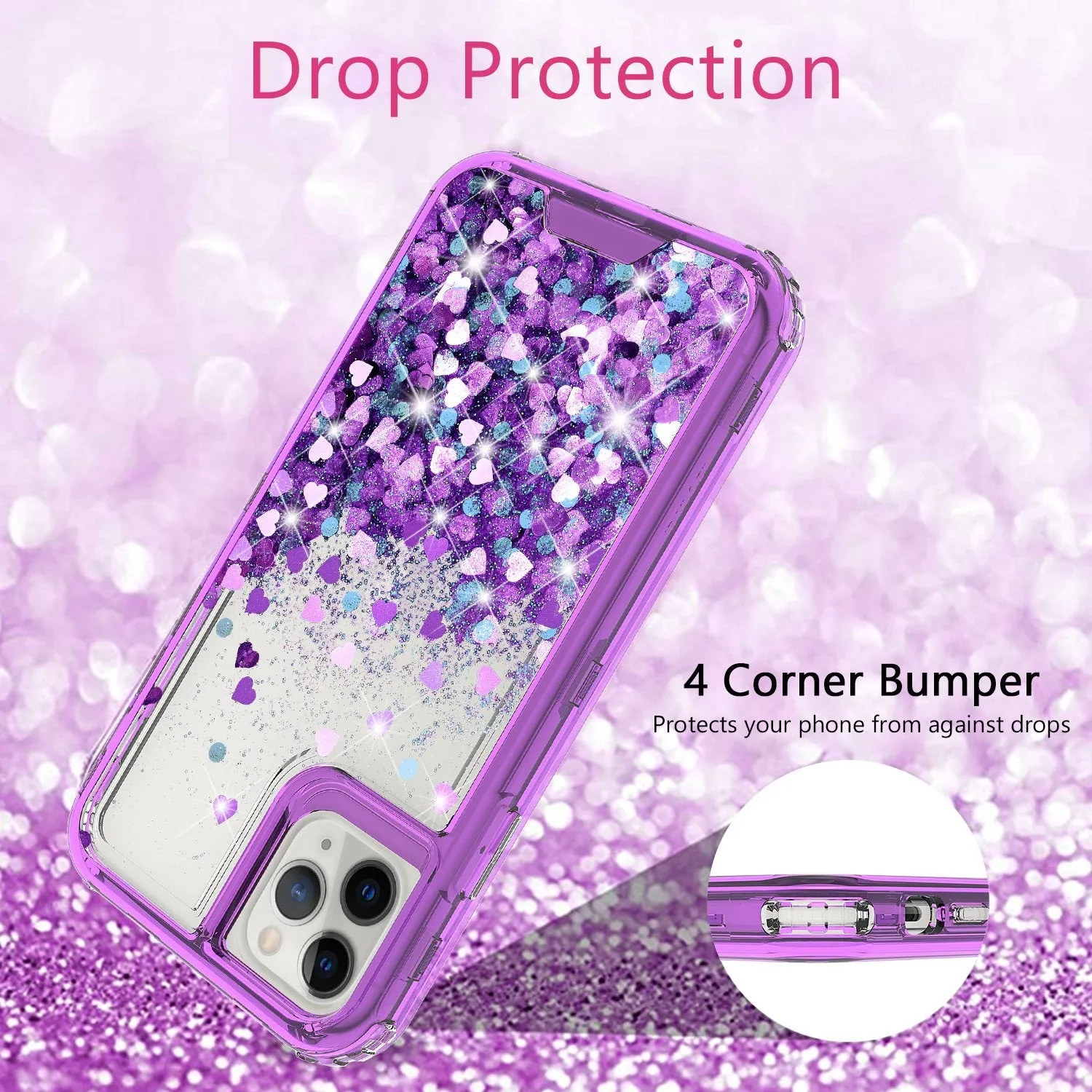 Apple iPhone 11 Pro Max Case,Hard Clear Glitter Sparkle Flowing Liquid Heavy Duty Shockproof Three Layer Protective Bling Girls Women Cases for Apple iPhone 11 Pro Max - Purple
