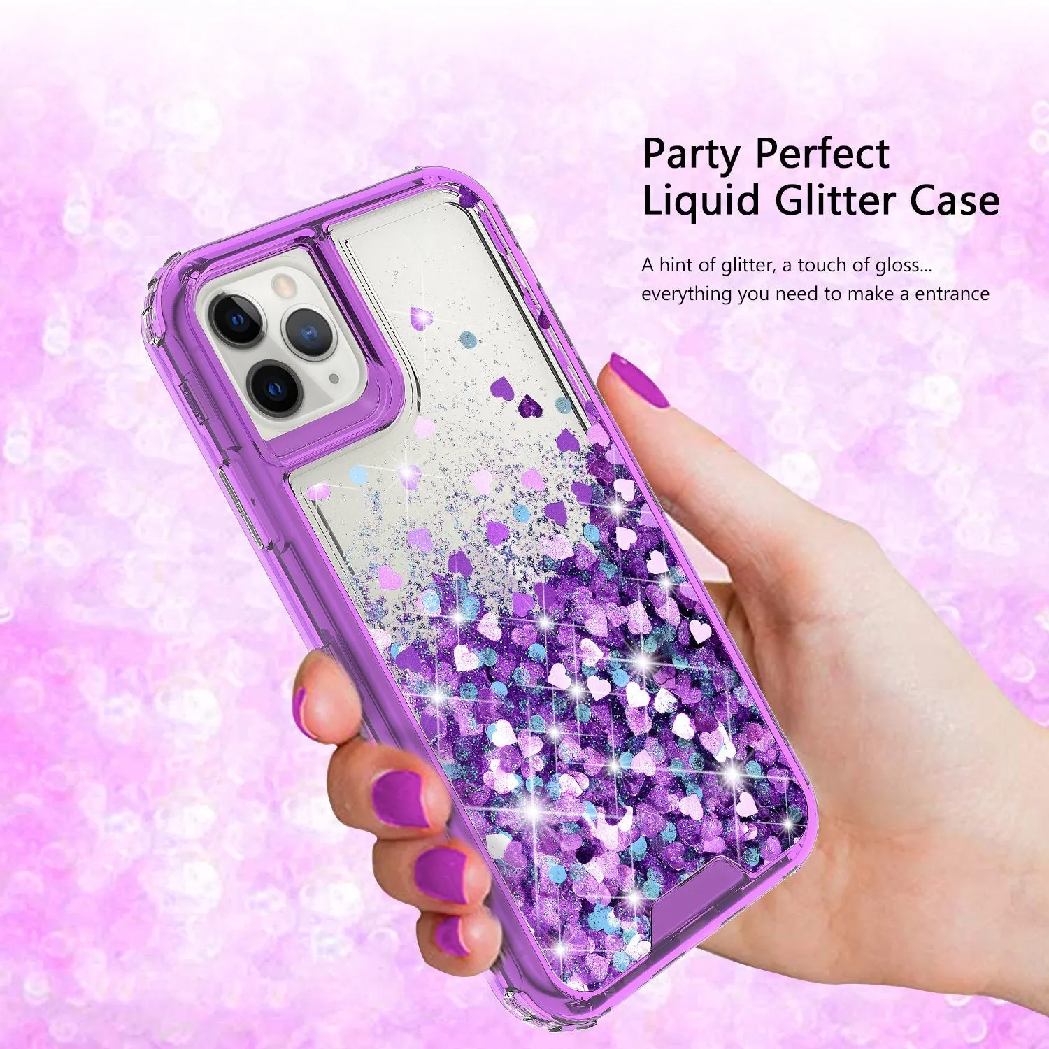 Apple iPhone 11 Pro Max Case,Hard Clear Glitter Sparkle Flowing Liquid Heavy Duty Shockproof Three Layer Protective Bling Girls Women Cases for Apple iPhone 11 Pro Max - Purple