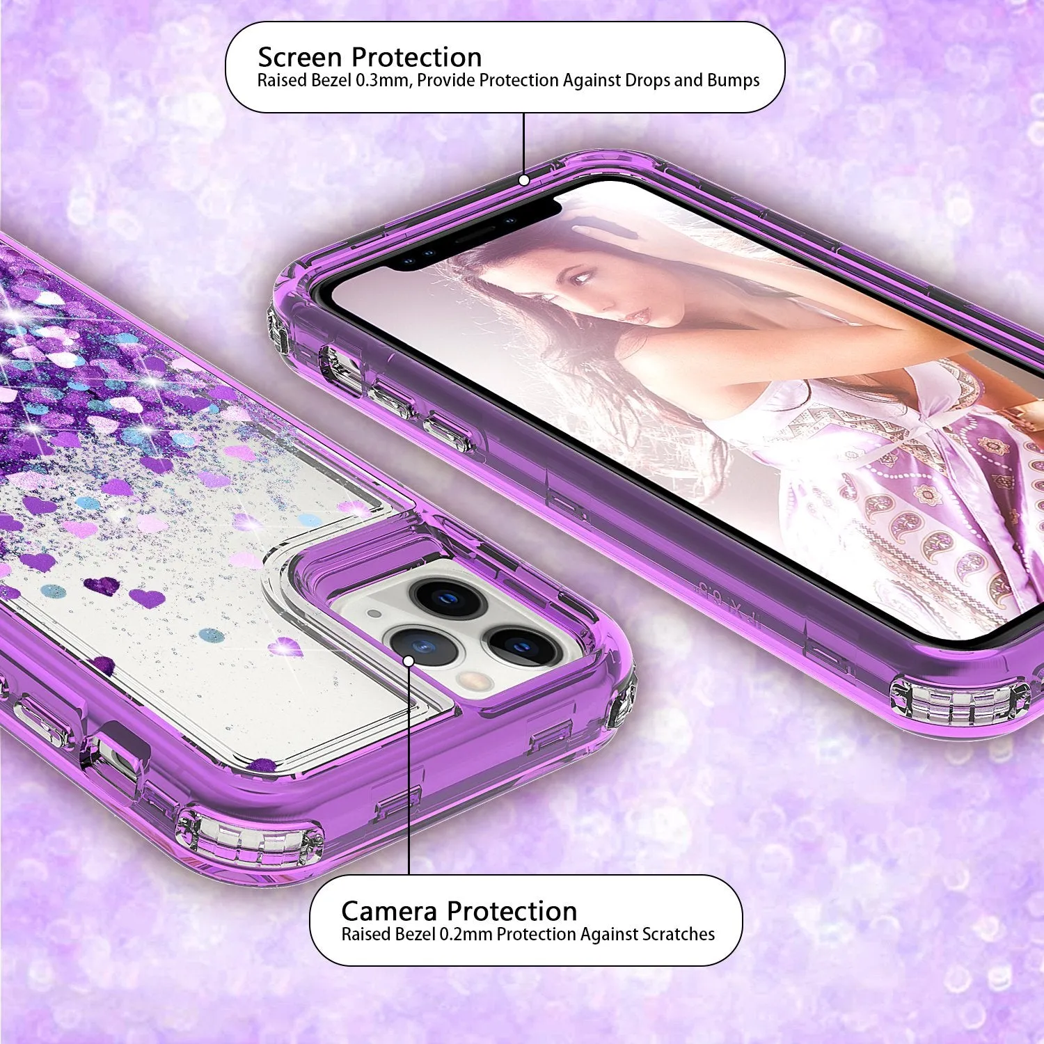 Apple iPhone 11 Pro Max Case,Hard Clear Glitter Sparkle Flowing Liquid Heavy Duty Shockproof Three Layer Protective Bling Girls Women Cases for Apple iPhone 11 Pro Max - Purple