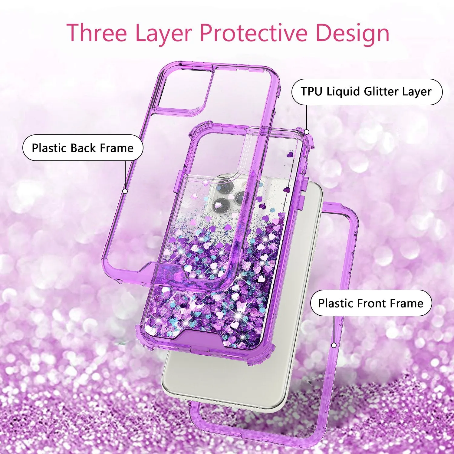 Apple iPhone 11 Pro Max Case,Hard Clear Glitter Sparkle Flowing Liquid Heavy Duty Shockproof Three Layer Protective Bling Girls Women Cases for Apple iPhone 11 Pro Max - Purple