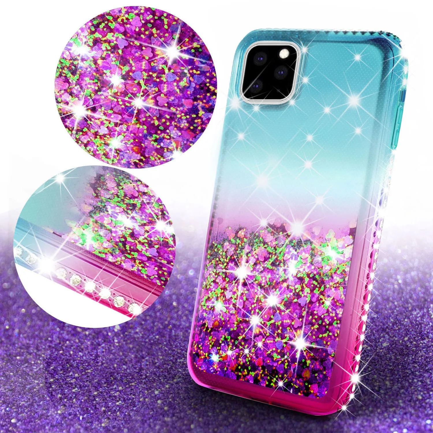 Apple iPhone 12 Case Liquid Glitter Phone Case Waterfall Floating Quicksand Bling Sparkle Cute Protective Girls Women Cover for iPhone 12 W/Temper Glass -  (Pink/Teal Gradient)