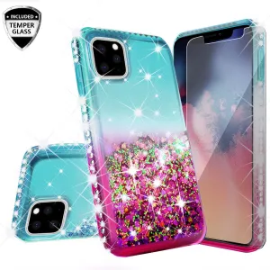 Apple iPhone 12 Case Liquid Glitter Phone Case Waterfall Floating Quicksand Bling Sparkle Cute Protective Girls Women Cover for iPhone 12 W/Temper Glass -  (Pink/Teal Gradient)