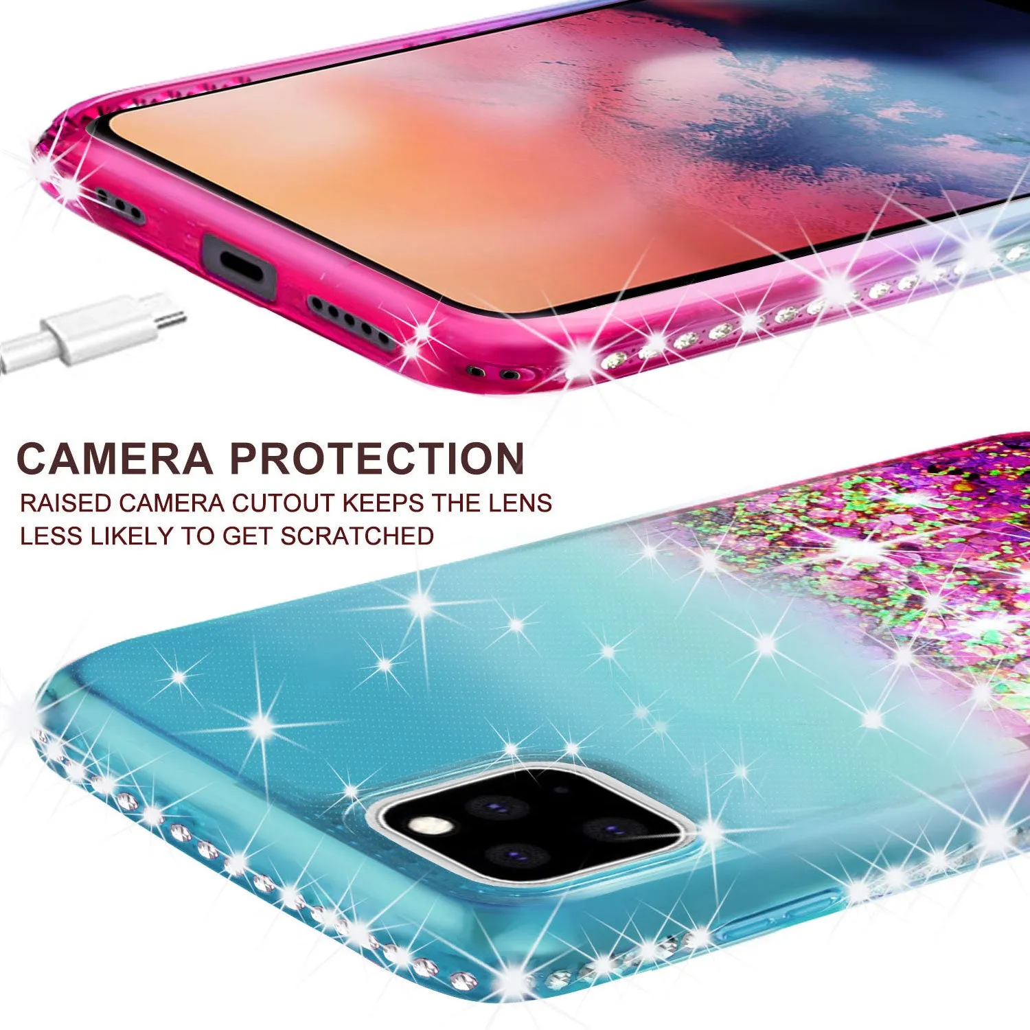 Apple iPhone 12 Case Liquid Glitter Phone Case Waterfall Floating Quicksand Bling Sparkle Cute Protective Girls Women Cover for iPhone 12 W/Temper Glass -  (Pink/Teal Gradient)