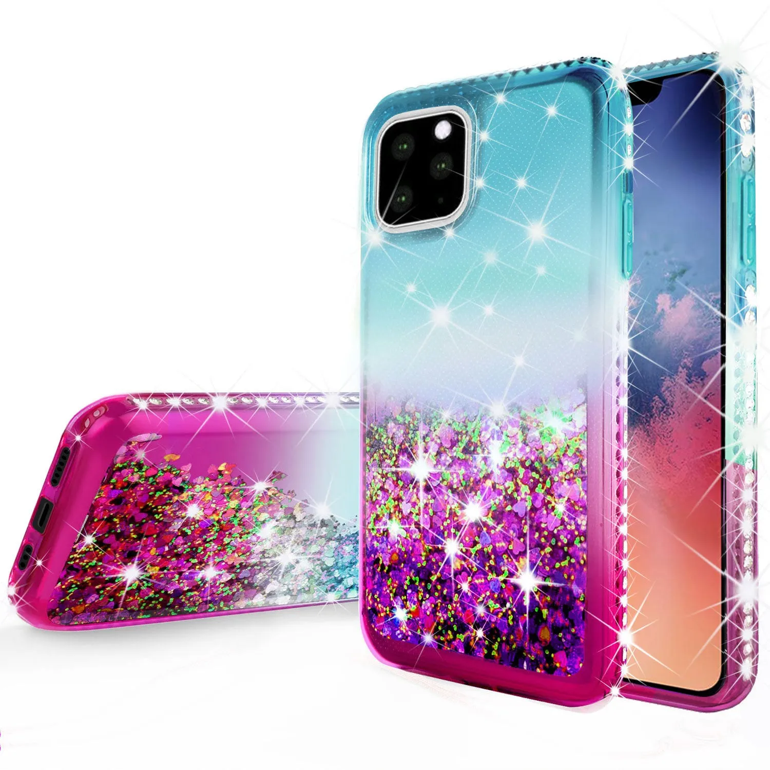 Apple iPhone 12 Case Liquid Glitter Phone Case Waterfall Floating Quicksand Bling Sparkle Cute Protective Girls Women Cover for iPhone 12 W/Temper Glass -  (Pink/Teal Gradient)
