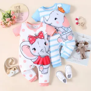 Baby Boy/Girl Cartoon Elephant Print Short-sleeve Jumpsuit