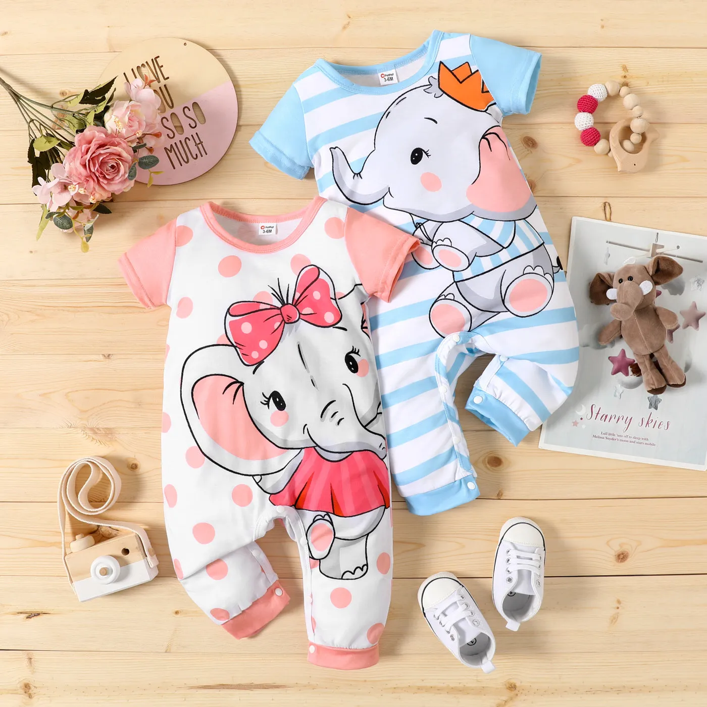 Baby Boy/Girl Cartoon Elephant Print Short-sleeve Jumpsuit