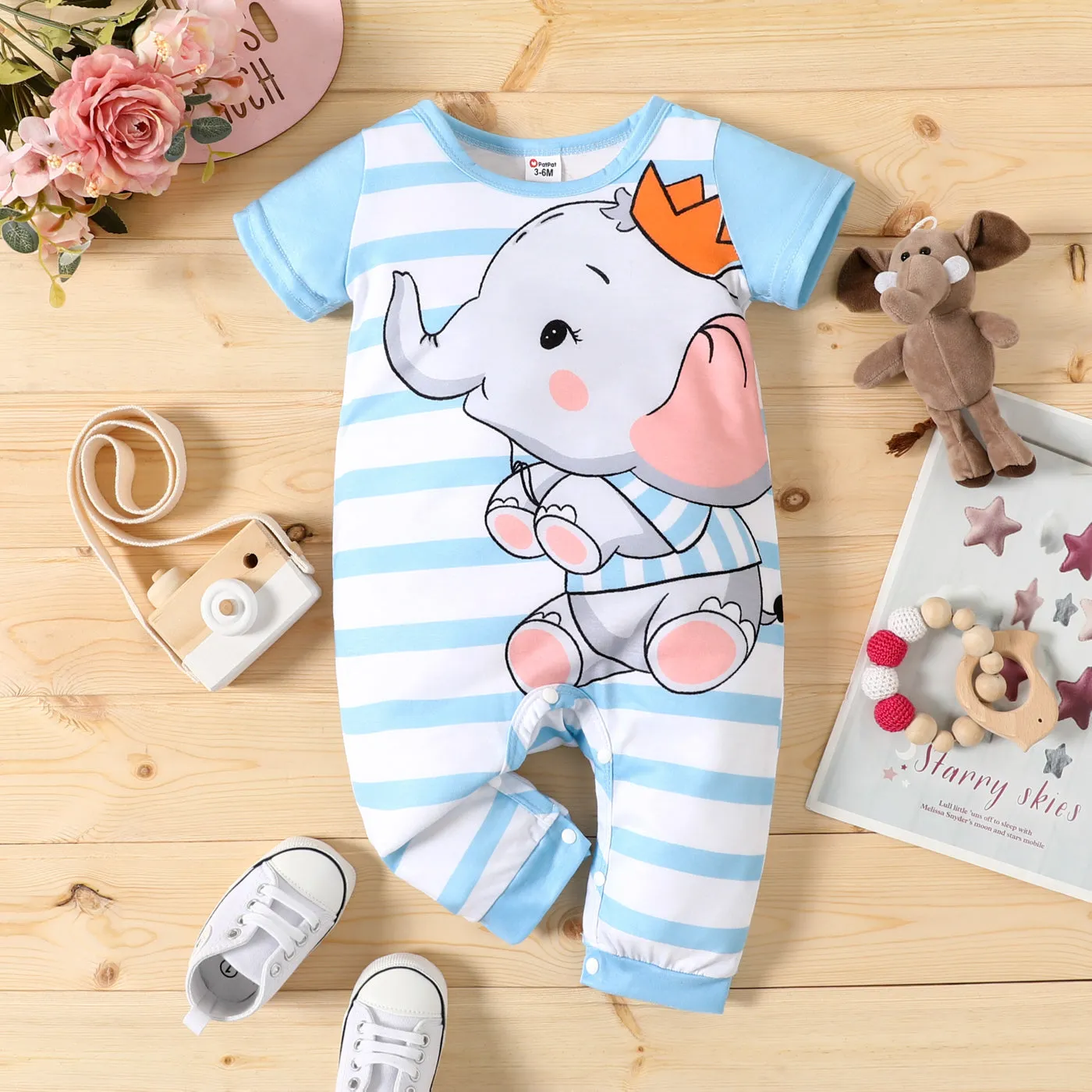 Baby Boy/Girl Cartoon Elephant Print Short-sleeve Jumpsuit
