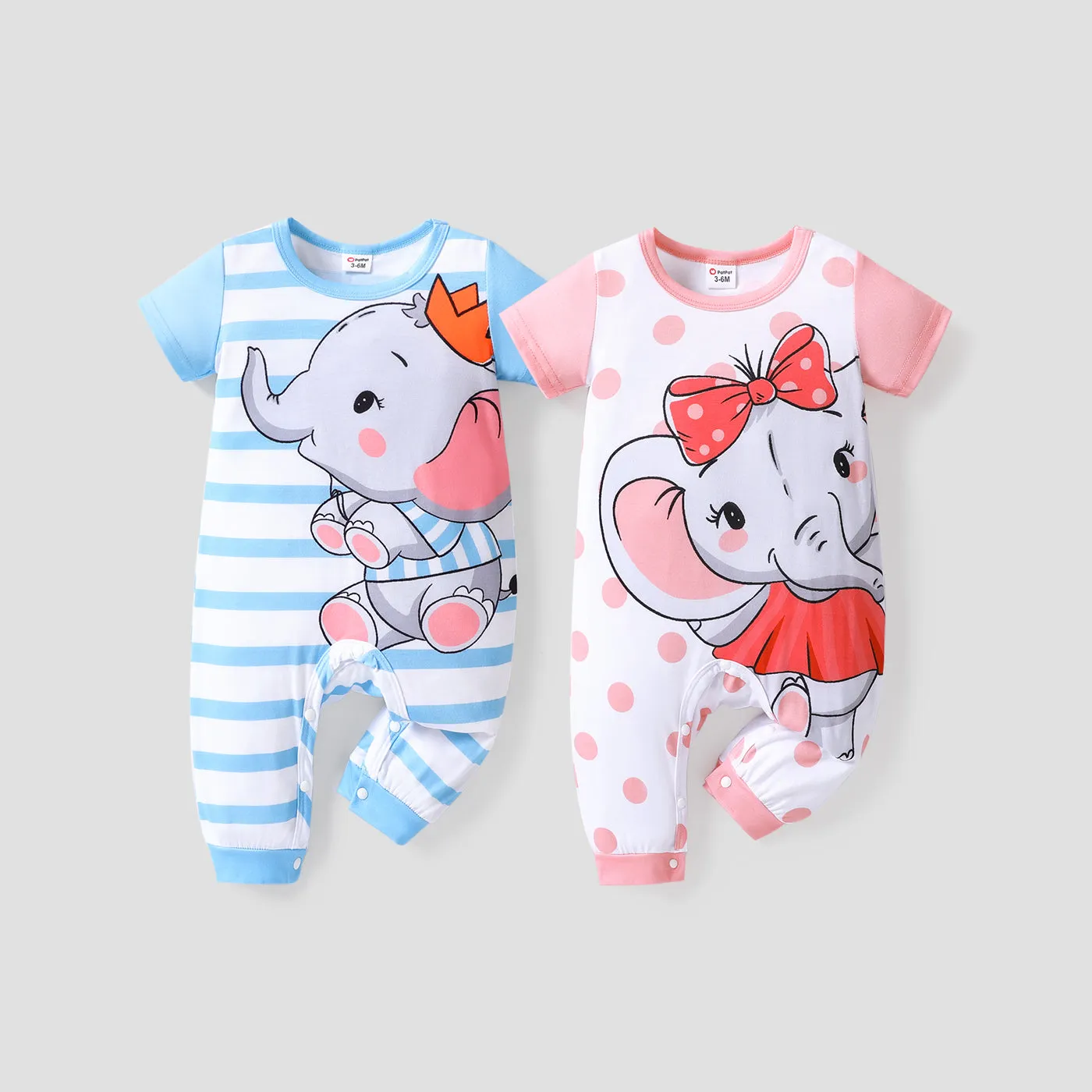 Baby Boy/Girl Cartoon Elephant Print Short-sleeve Jumpsuit