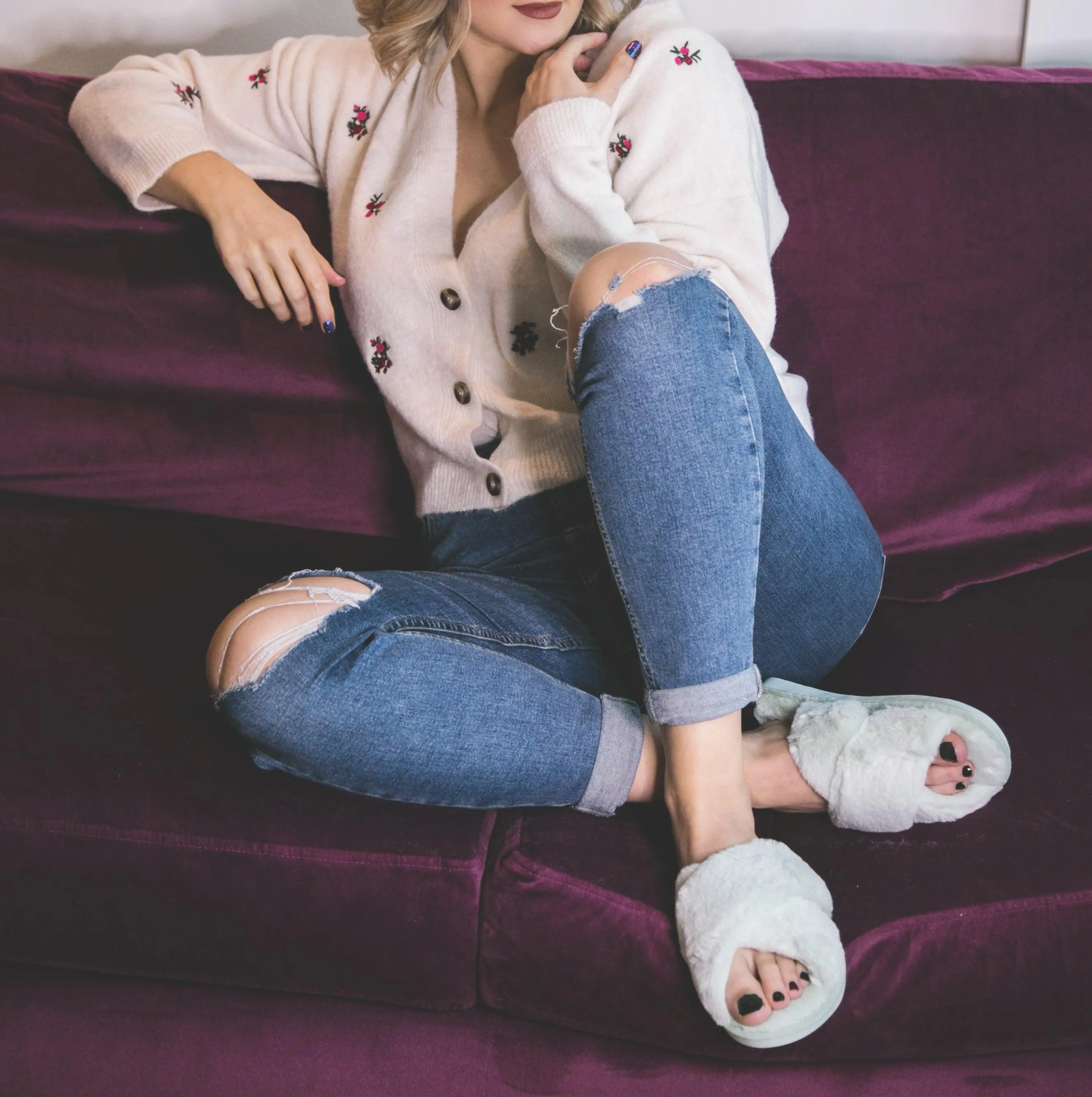 Blossom Faux Fur Slippers - Mint Green