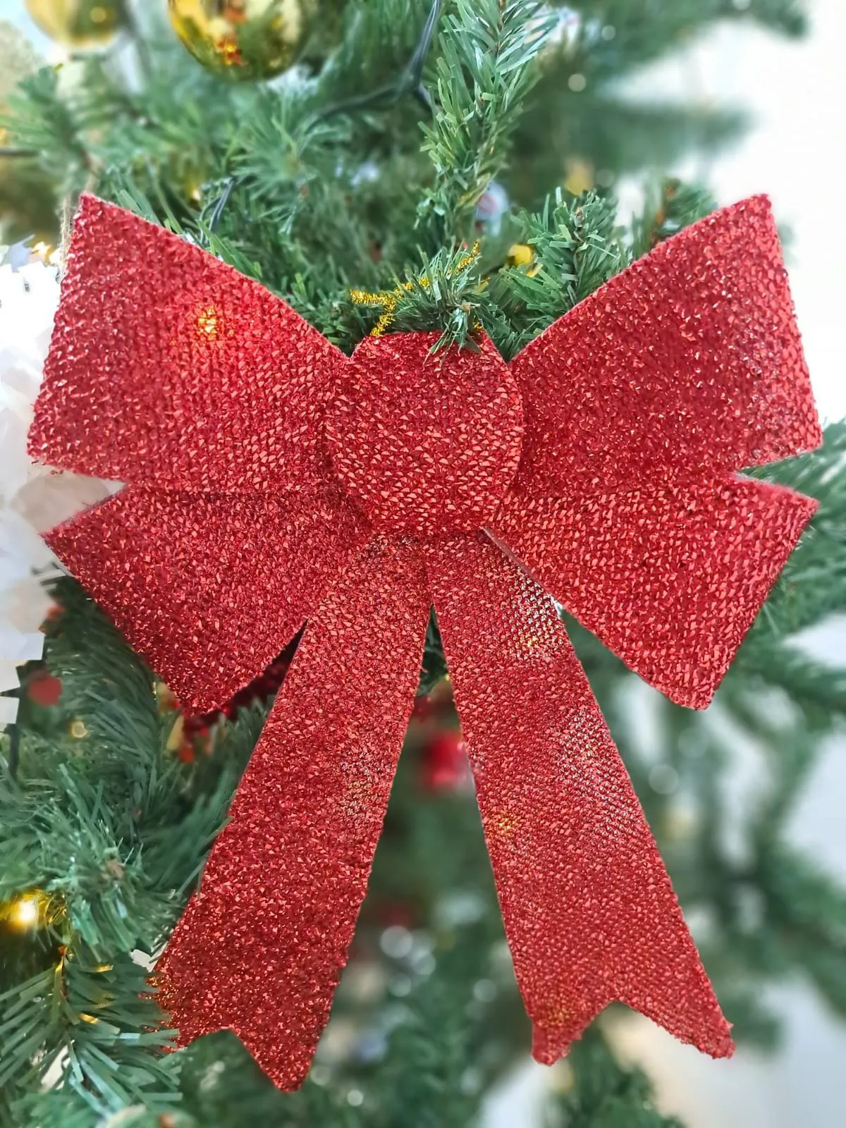Christmas Tinsel Bow Red Glitter 22cm