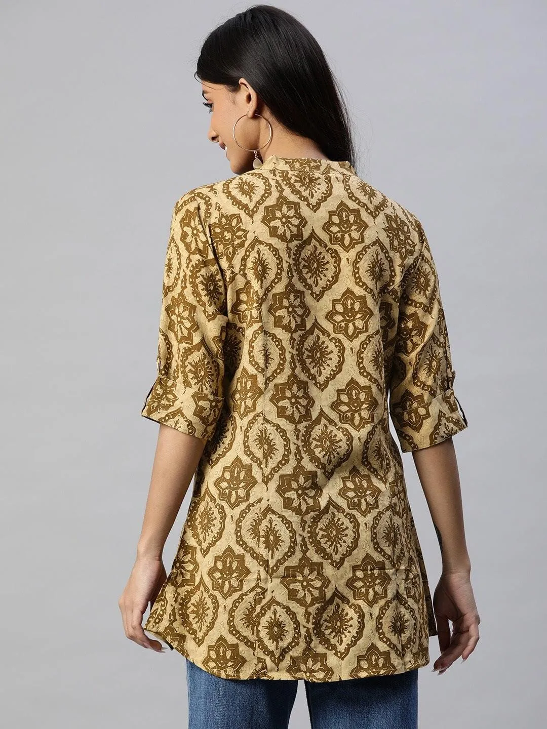 Coffee Brown Floral Rayon A-line Shirts Style Top