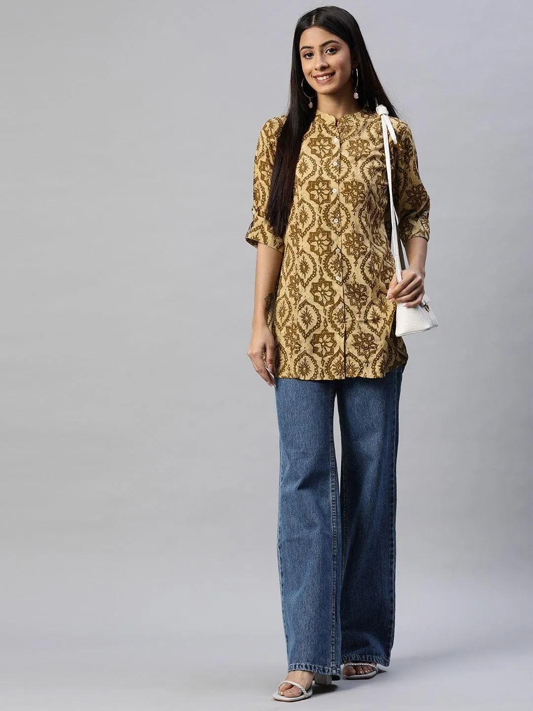 Coffee Brown Floral Rayon A-line Shirts Style Top