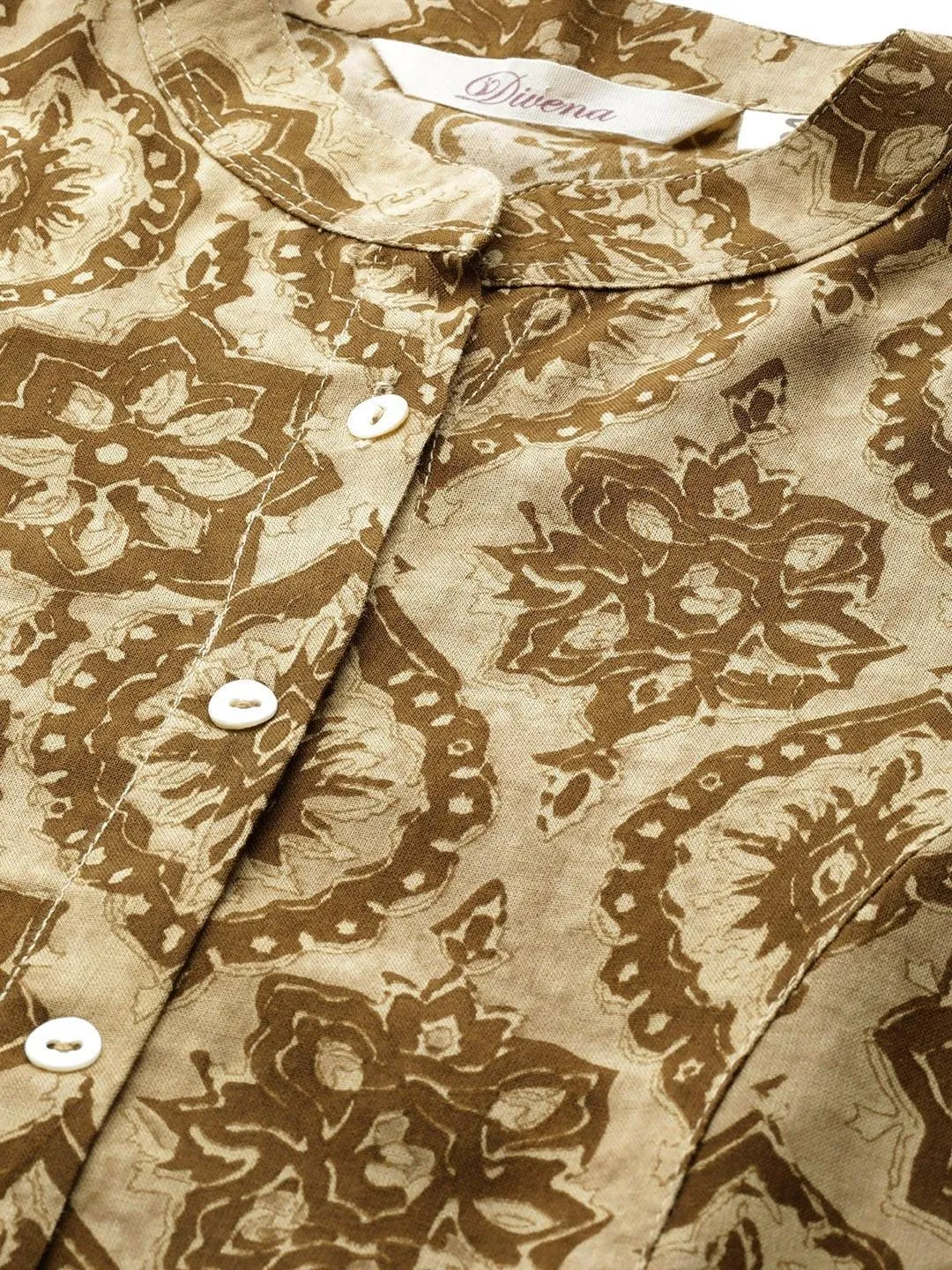 Coffee Brown Floral Rayon A-line Shirts Style Top