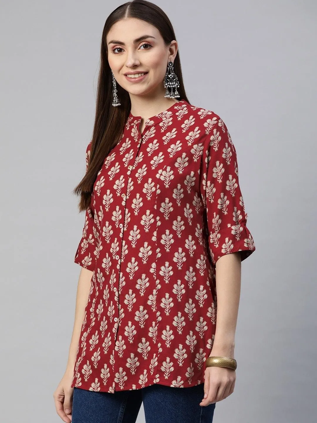 Dark Maroon Floral Rayon A-line Shirts Style Top