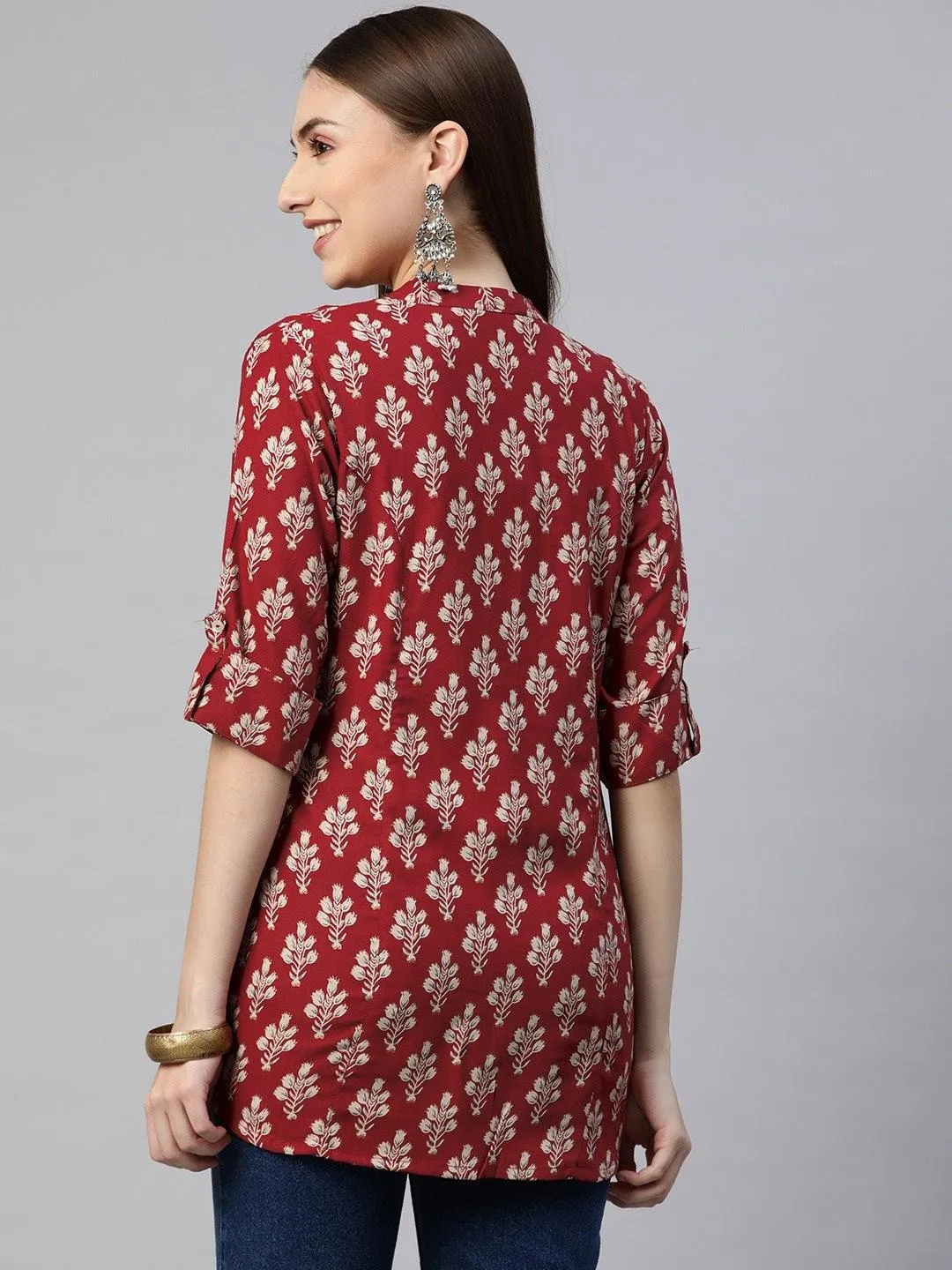 Dark Maroon Floral Rayon A-line Shirts Style Top