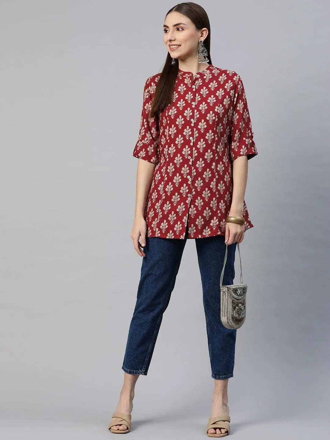 Dark Maroon Floral Rayon A-line Shirts Style Top
