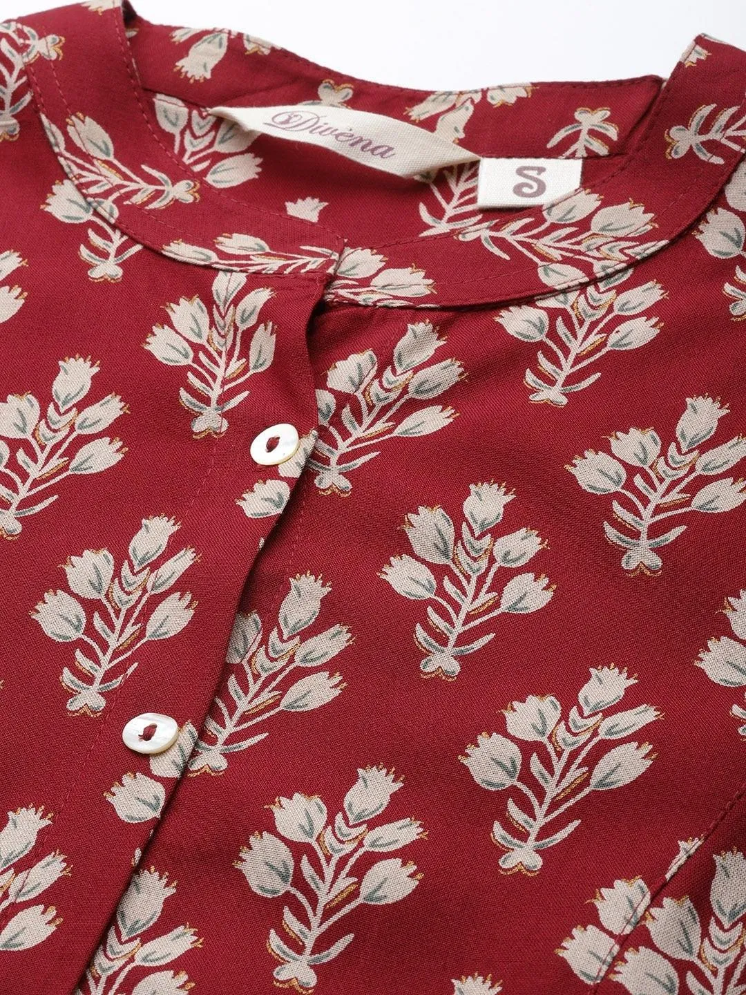 Dark Maroon Floral Rayon A-line Shirts Style Top