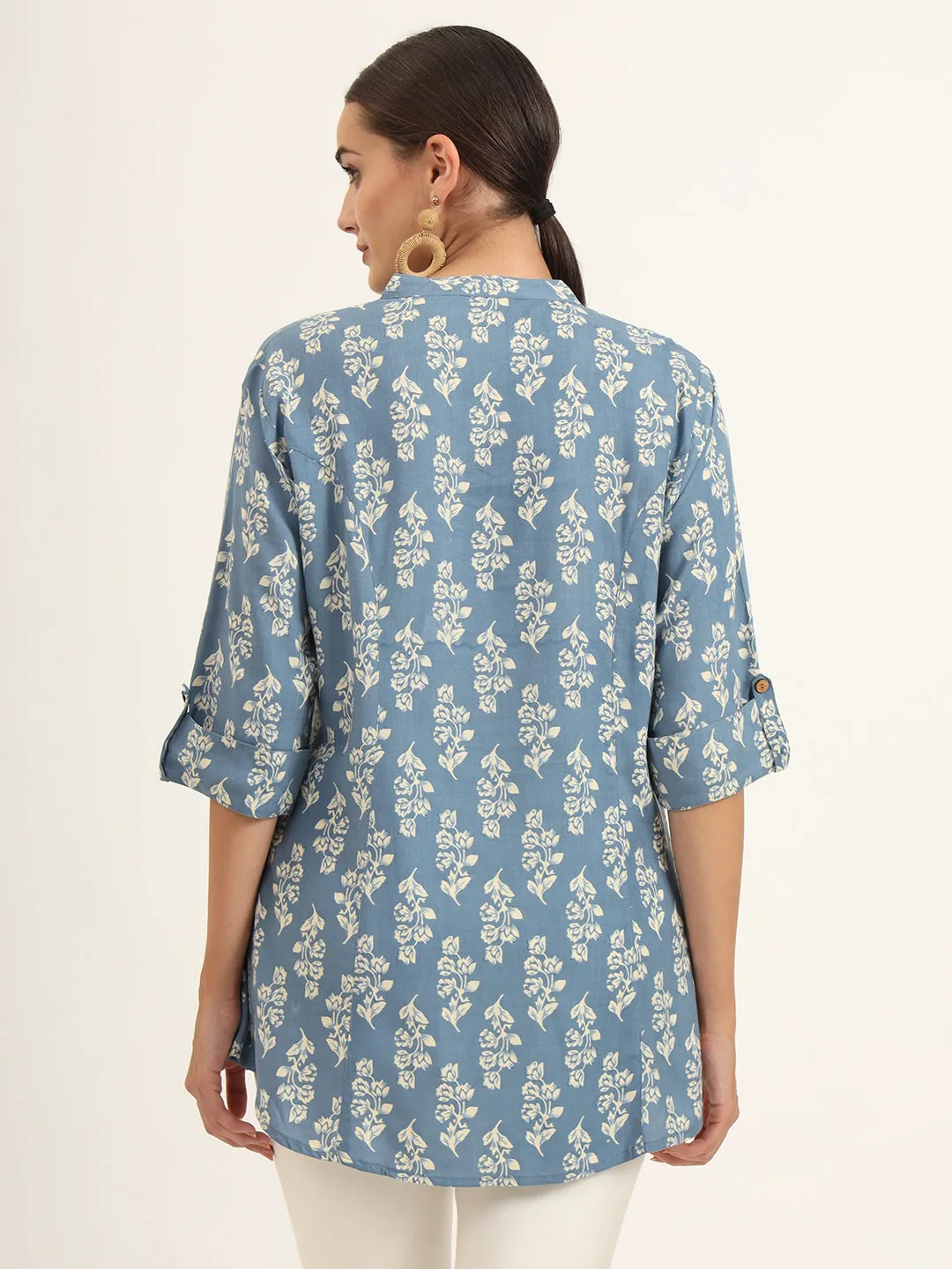 Divena Blue Floral Print Pure Rayon Straight Top