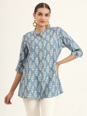 Divena Blue Floral Print Pure Rayon Straight Top