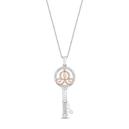 Enchanted Disney Fine Jewelry 14K Rose Gold Over Sterling Silver 1/10Cttw Diamond Cinderella Key Pendant