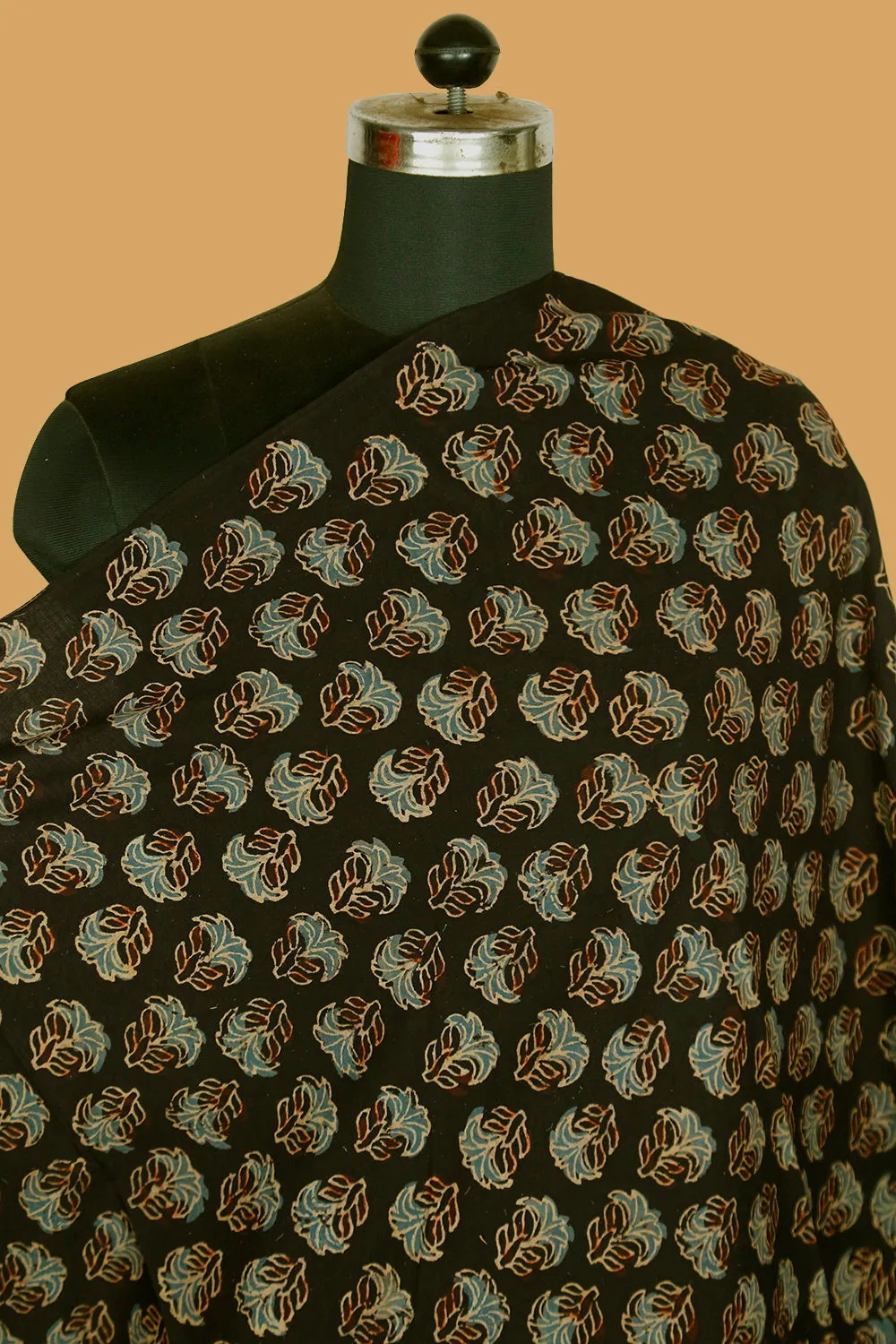 Floral Butta on Black Block Printed Ajrak Cotton Fabric - 0.5m
