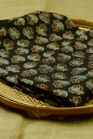 Floral Butta on Black Block Printed Ajrak Cotton Fabric - 0.5m