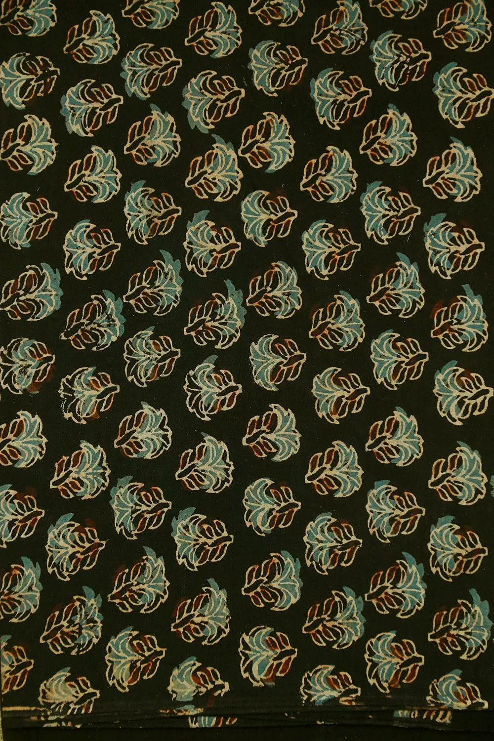 Floral Butta on Black Block Printed Ajrak Cotton Fabric - 0.5m