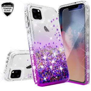 For Apple iPhone 13 Case Liquid Glitter Phone Case Waterfall Floating Quicksand Bling Sparkle Cute Protective Girls Women Cover for iPhone 13 W/Temper Glass - Purple