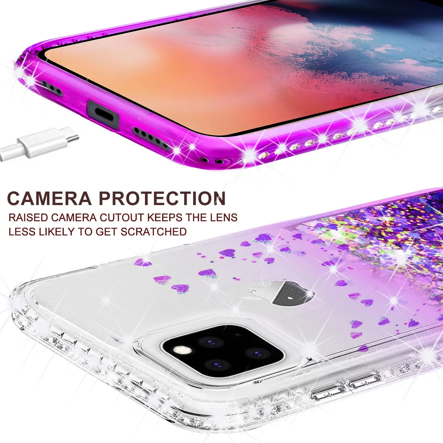 For Apple iPhone 13 Case Liquid Glitter Phone Case Waterfall Floating Quicksand Bling Sparkle Cute Protective Girls Women Cover for iPhone 13 W/Temper Glass - Purple