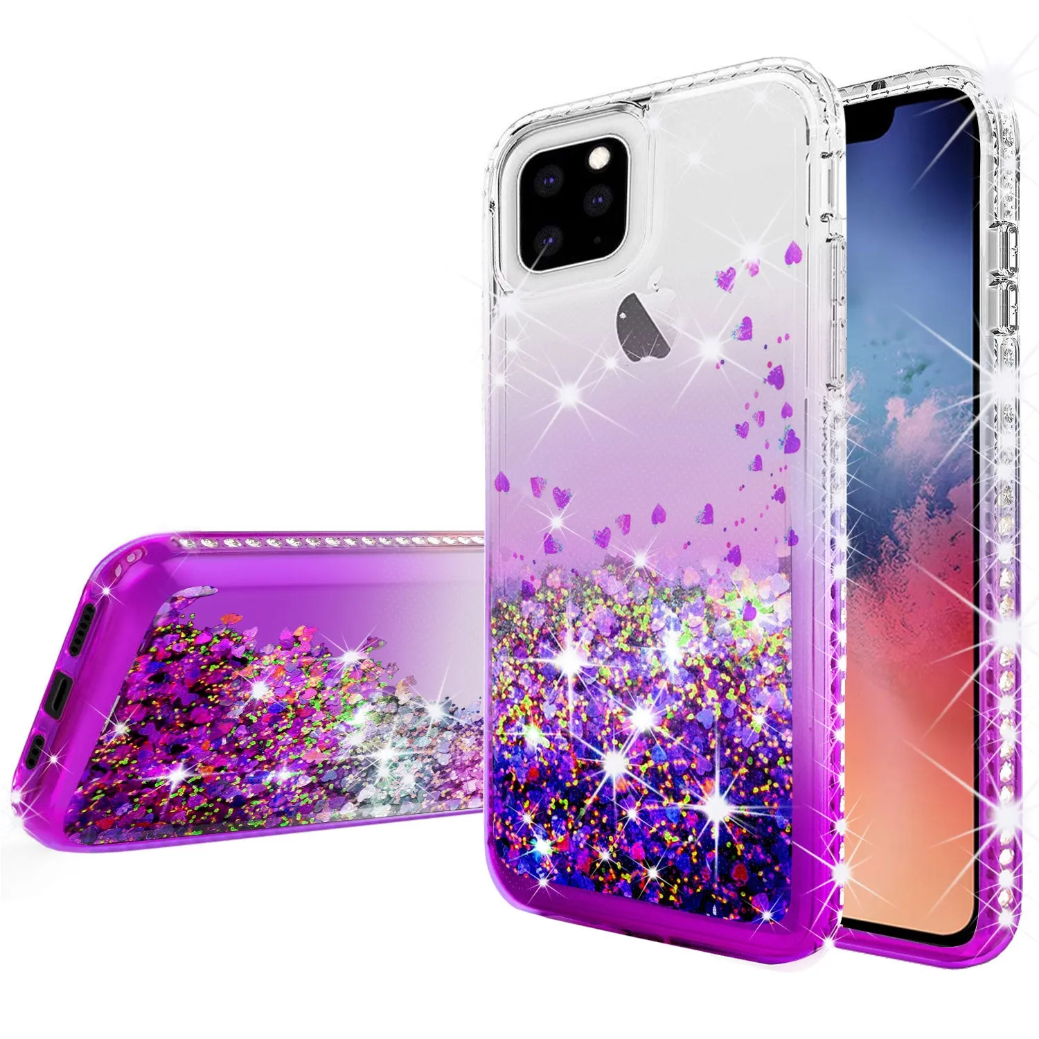 For Apple iPhone 13 Case Liquid Glitter Phone Case Waterfall Floating Quicksand Bling Sparkle Cute Protective Girls Women Cover for iPhone 13 W/Temper Glass - Purple