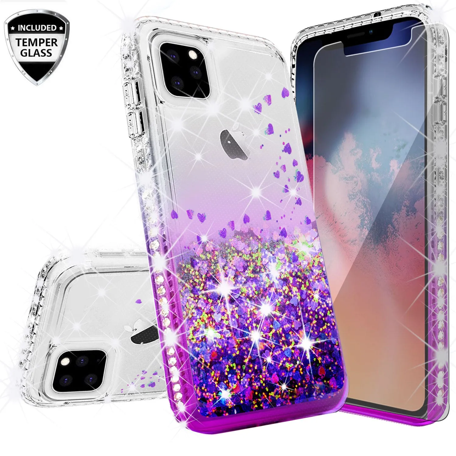 For Apple iPhone 13 Case Liquid Glitter Phone Case Waterfall Floating Quicksand Bling Sparkle Cute Protective Girls Women Cover for iPhone 13 W/Temper Glass - Purple