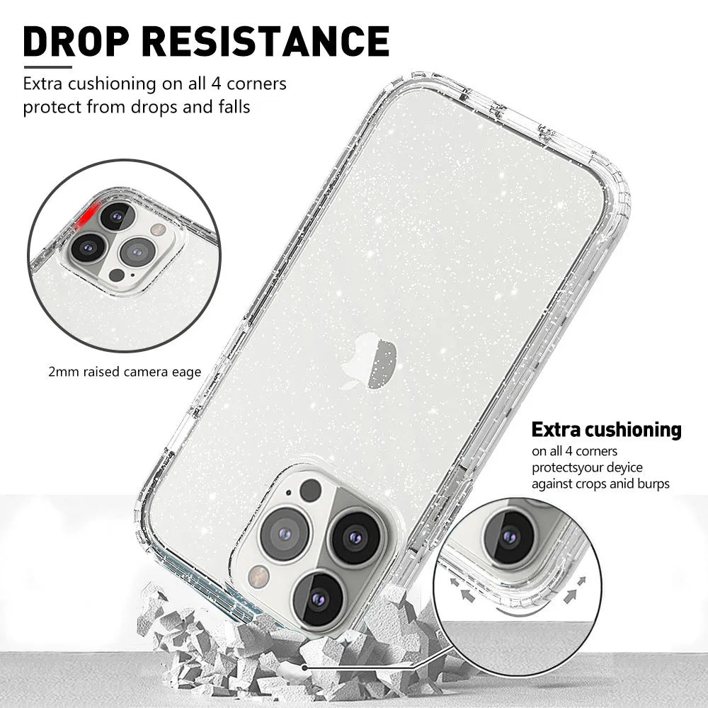 For Apple iPhone 13 Case with Built-in Screen Protector,Rugged PC Front Cover   Soft TPU Non-Slip Cover, Shockproof Full-Body Protective Case Cover - Glitter Clear Silver