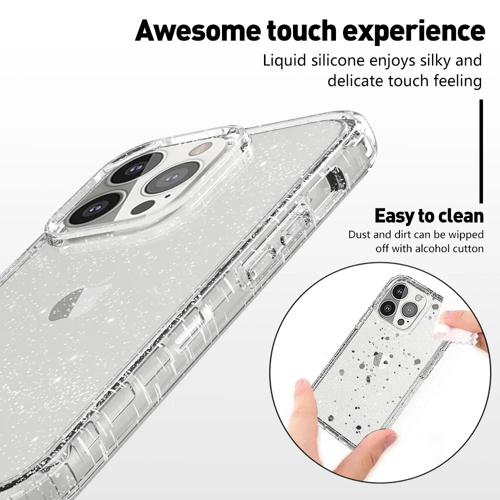 For Apple iPhone 13 Case with Built-in Screen Protector,Rugged PC Front Cover   Soft TPU Non-Slip Cover, Shockproof Full-Body Protective Case Cover - Glitter Clear Silver