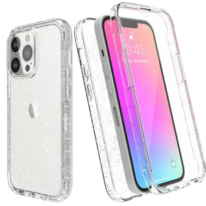 For Apple iPhone 13 Case with Built-in Screen Protector,Rugged PC Front Cover   Soft TPU Non-Slip Cover, Shockproof Full-Body Protective Case Cover - Glitter Clear Silver