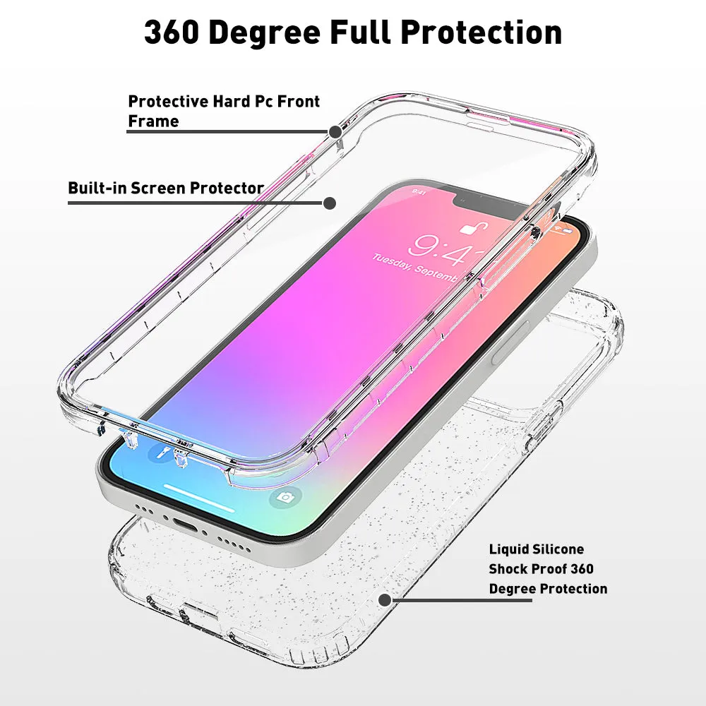 For Apple iPhone 13 Case with Built-in Screen Protector,Rugged PC Front Cover   Soft TPU Non-Slip Cover, Shockproof Full-Body Protective Case Cover - Glitter Clear Silver