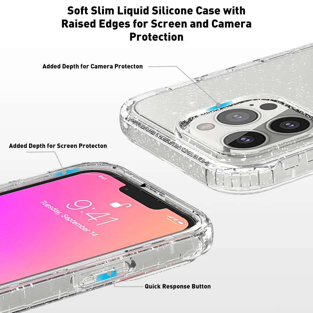 For Apple iPhone 13 Case with Built-in Screen Protector,Rugged PC Front Cover   Soft TPU Non-Slip Cover, Shockproof Full-Body Protective Case Cover - Glitter Clear Silver