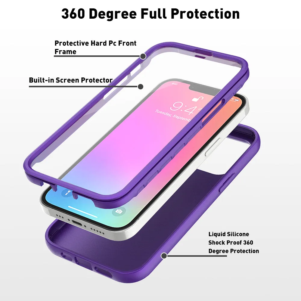 For Apple iPhone 13 Pro Case with Built-in Screen Protector,Rugged PC Front Cover   Soft TPU Non-Slip Cover, Shockproof Full-Body Protective Case Cover - Purple