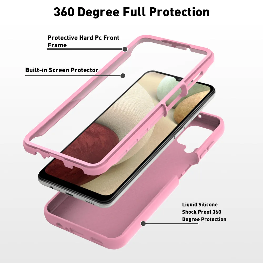 For Samsung Galaxy A12 Case with Built-in Screen Protector,Rugged PC Front Cover   Soft TPU Non-Slip Cover, Shockproof Full-Body Protective Case Cover - Pink