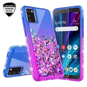 For TCL A3X Case Liquid Glitter Phone Case Waterfall Floating Quicksand Bling Sparkle Cute Protective Girls Women Cover for TCL A3X W/Temper Glass -  (Blue/Purple Gradient)