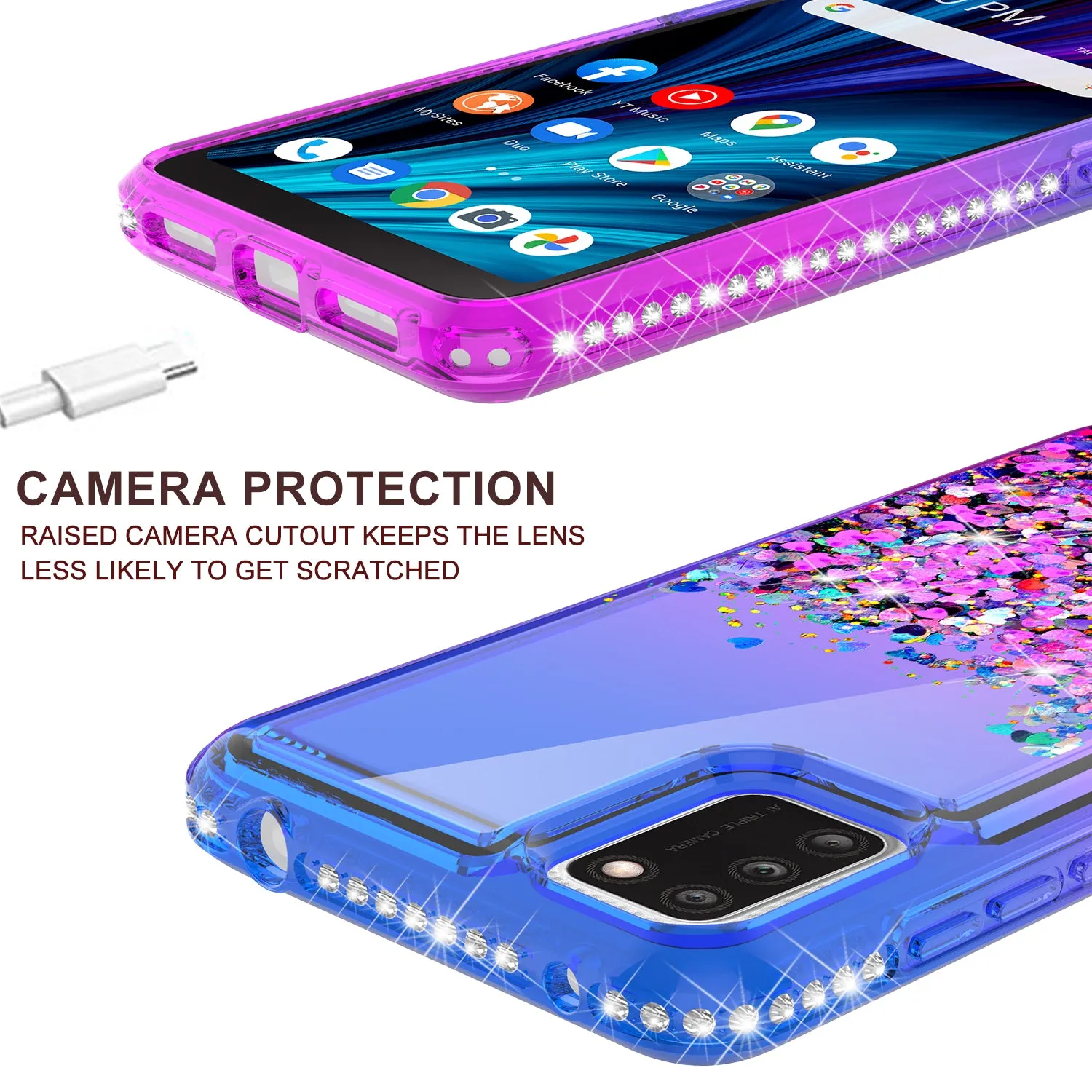 For TCL A3X Case Liquid Glitter Phone Case Waterfall Floating Quicksand Bling Sparkle Cute Protective Girls Women Cover for TCL A3X W/Temper Glass -  (Blue/Purple Gradient)