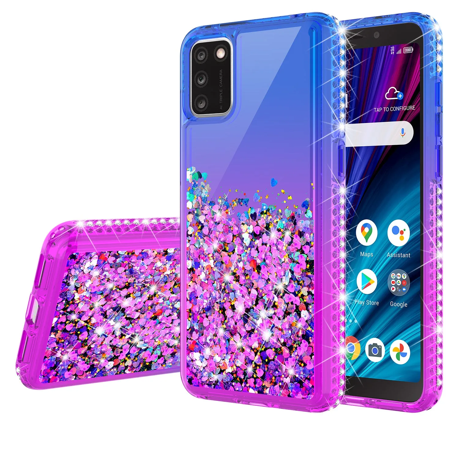 For TCL A3X Case Liquid Glitter Phone Case Waterfall Floating Quicksand Bling Sparkle Cute Protective Girls Women Cover for TCL A3X W/Temper Glass -  (Blue/Purple Gradient)